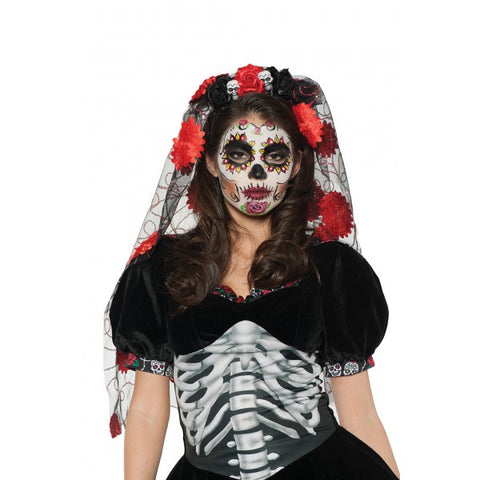 BLACK AND RED DAY OF THE DEAD HEADBAND & VEIL