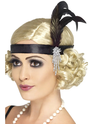 BLACK SATIN CHARLESTON FLAPPER HEADBAND