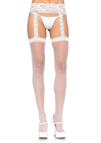 WHITE SHEER LACE TOP STOCKINGS WITH GARTER BELT