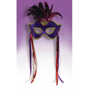 PURPLE SATIN MASQUERADE MASK WITH FEATHERS
