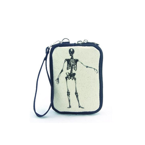 Skeleton wristlet coin purse with skeleton on front and back. Quality canvas material and uniquely designed. Includes 5" wristlet strap. Double Zip Compartment. Fabric lined interior. Measures Approx: 5" (L) x 1.5" (W) x 4" (H). Perfect gift for your halloween friends for year-round use. 
