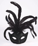 BLACK SATIN MASQUERADE MASK WITH FEATHERS