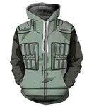 Naruto Anime: Kakashi Uniform Pull Over Hoodie. Kakashi Hatake, Leader Of Team 7, Is One Of The Most Known Characters Of The Naruto Anime. He Inspires Bravery, Courage, And Resilience. This Hoodie Represents Kakashi's Uniform He Wears Throughout The Whole Naruto Series. 