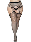 PLUS SIZE INDUSTRIAL NET STOCKINGS WITH DUCHESS LACE TOP AND ATTACHED MULTI STRAND GARTER BELT
