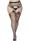 PLUS SIZE INDUSTRIAL NET STOCKINGS WITH DUCHESS LACE TOP AND ATTACHED MULTI STRAND GARTER BELT