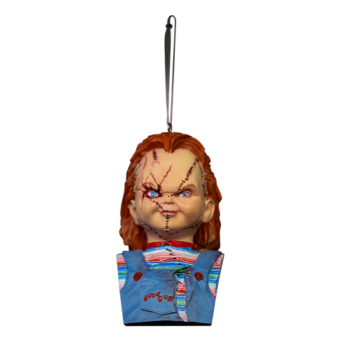 Sculpted by Tony Gardner, Every Detail of Chucky is Represented in this Highly Detailed Ornament.  This Amazing Ornament is Made in Resin and is Meticulously Painted to Perfection. In Addition, the Ornament Comes in a Beautiful Collectors Box.  So get Yourself our Holiday Horrors Bride of Chucky Bust Ornament and Proudly Display it in your Car, House, Office and of course, your Christmas Tree.