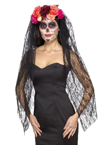 DELUXE DAY OF THE DEAD BLACK VEIL HEADBAND