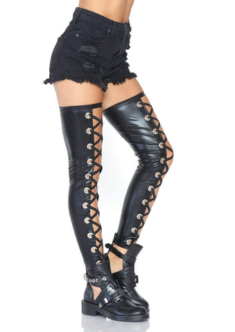 WET LOOK FOOTLESS LACE UP THIGH HIGHS