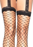 SPANDEX FENCE NET LACE TOP STOCKINGS WITH ATTACHED LACE GARTER BELT