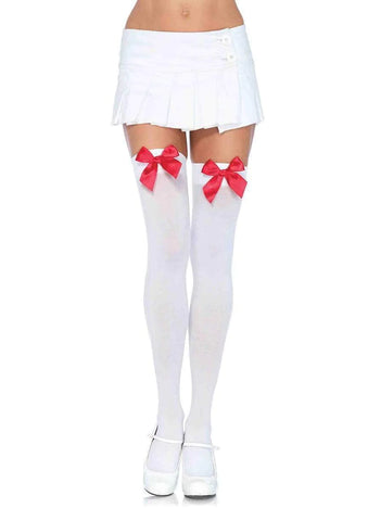 OPAQUE WHITE THIGH HIGHS WITH RED BOWS