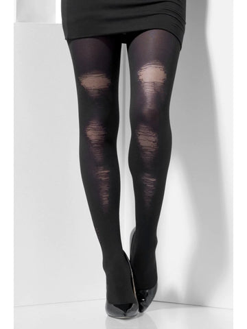OPAQUE BLACK DISTRESSED TIGHTS