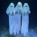Ghostly Trio Animatronic. 3 6' Ghost Characters with Light up Face and Torso Includes Plug in UL Power Adapter for any Standard Outlet and Choose From Steady-on, Infra-red Sensor or "Step Here" Pad Activation. Infra-red Sensor Works From Up to 6.5' Away. When Activated the Ghodtly Trio will Begin Moaning as Their Faces and Chest Light up and Ghosts Sway from Sise to Side Wailing in Eternal Torment. Includes Easy to Assemble Quick Connect Poles. 