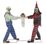 Animated Tug of War Prop. This Spooky, Funny Halloween Animated Prop Has Many Sounds And All Are Displayed In The Video Listed. These Two Clowns, Skeevy And Cheddar, Pull Back And Forth On This Little Girl Debating On Who Gets The Girl! This Comedic Animatronic Is Operated By Both Step Pad And Motion Sensor. 